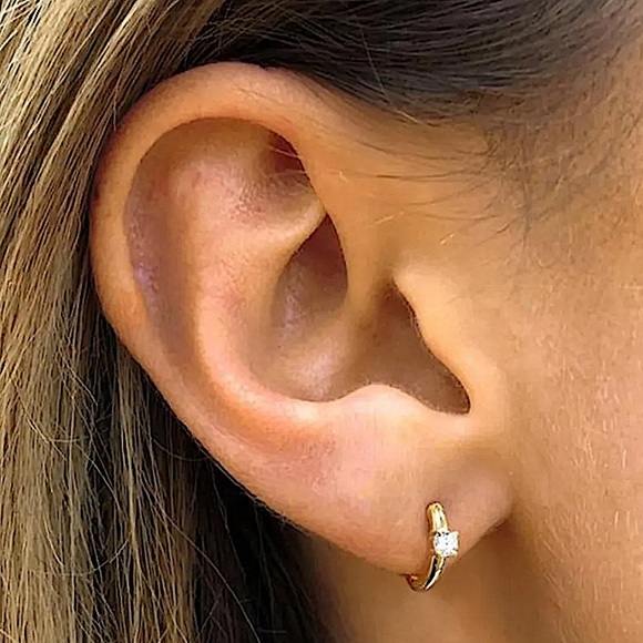 Gold Diamond Huggie Hoop Cubic Zircon Minimalist Earrings - Picture 4 of 10